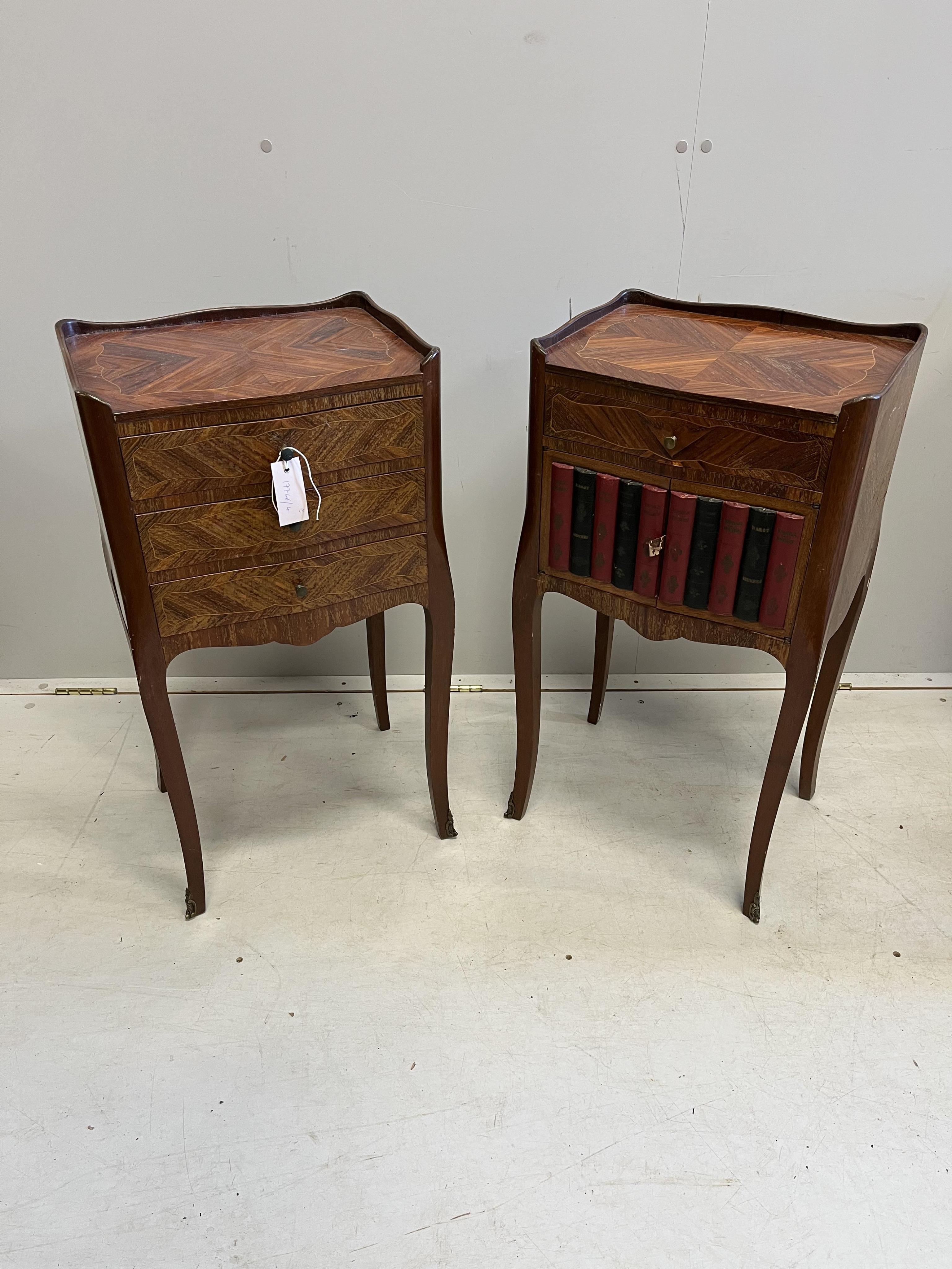 A pair of Louis XVI style inlaid kingwood bedside chests, width 39cm, depth 31cm, height 74cm